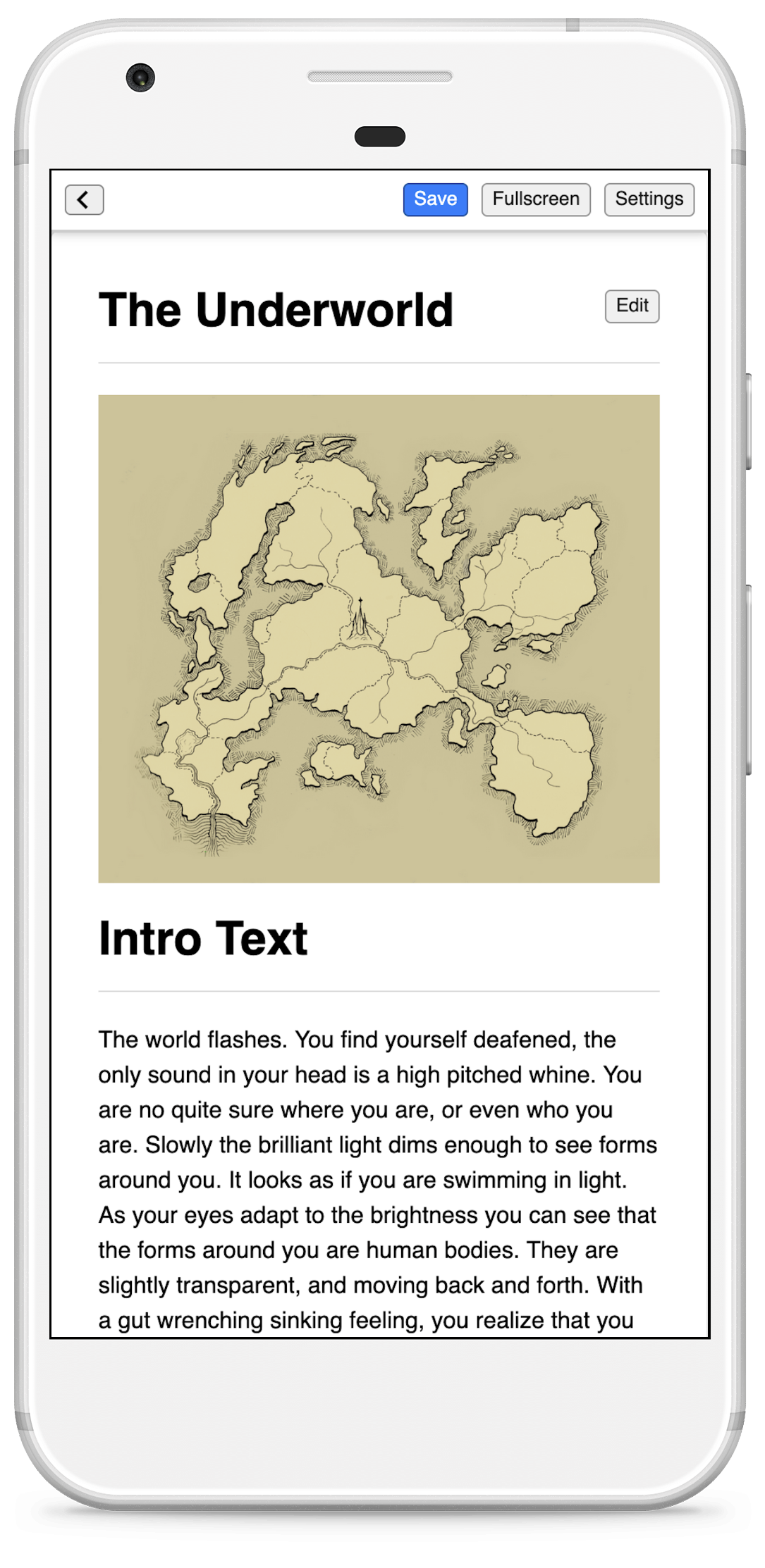 A markdown editor showcasing editing D&D notes with an inline image of a map.