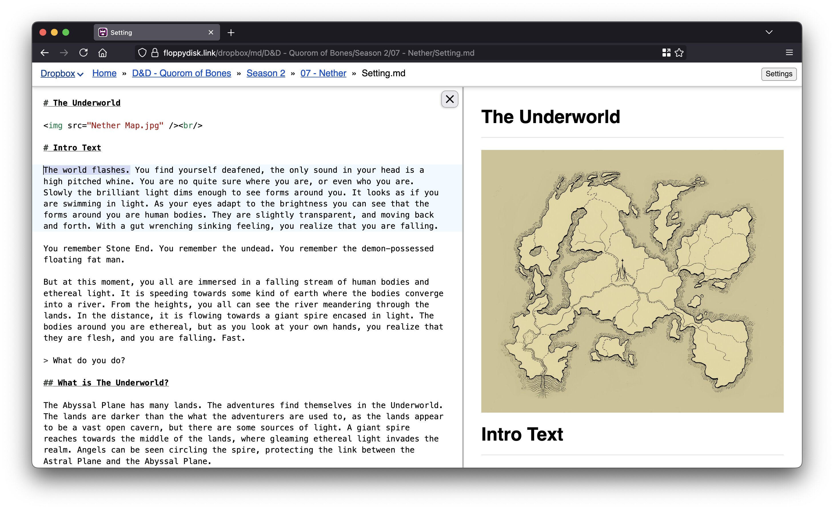 A markdown editor showcasing editing D&D notes with an inline image of a map.